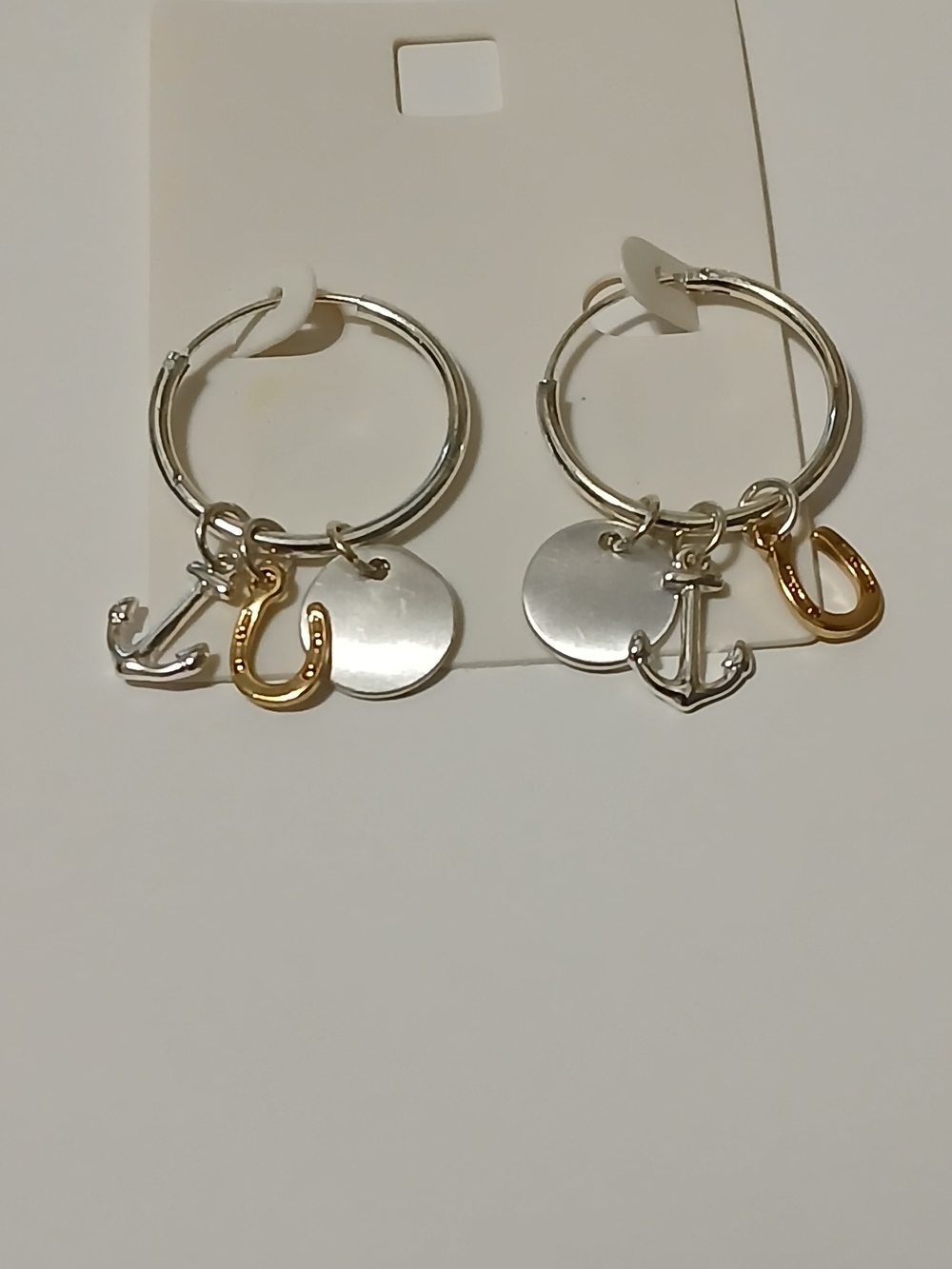Silver Hoop Anchor Charm Earrings with Gold Accents